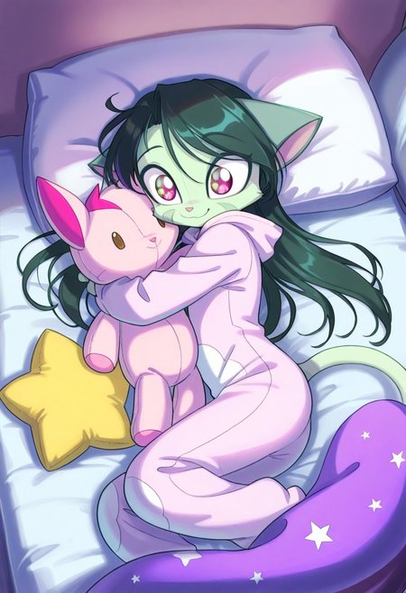 score_9, score_8_up, score_7_up,lilith_calah,
1girl,solo,furry,tail,dark green hair, source_furry,
 ,<lora:lilith_calah_illustrious:0.8>,
child, kid,
A girl in a cloud-patterned onesie lying on a pile of pillows, hugging a star-shaped plushie and giggling as she points at the ceiling (which is painted like a starry sky) onesie, cloud_print, star_plushie, hugging, lying, pillows, smile, happy, cute, big_eyes, indoor, cozy, pastel_colors, playful