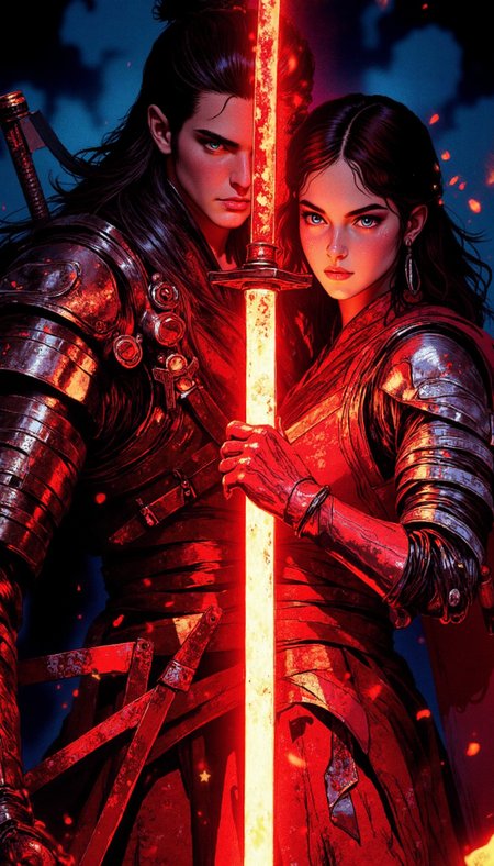 Comic book style, Two subjects, diaphanous, ethereal lighting. Dynamic three-quarter shot, medium shot.  Male character, topknot, pallid complexion, austere expression. Female character, melancholic gaze.  Both garbed in intricately detailed period attire.  Glowing crimson katana held by both, its luminescence reflected in their eyes.  Emphasize  interpersonal tension,  protective posture. Meticulously render fabrics, metallic prosthesis on male's arm. Background: Stygian, evocative of twilight.  Scattered incandescent embers. Add a spectral, ephemeral mist pervading the scene.  Camera: shallow depth of field, subtly enhancing the katana's brilliance.
