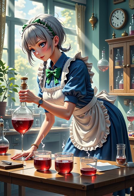A masterpiece, ultrarealistic, natural colours of morning light, photorealistic scene, intricate interior of a laboratory, rich in detail, chemistry equipment in the background, a clock, (flat chest, lean, small-breasted, tiny tits, bustless, unbuxom, nothing clingy, no make-up, without make-up, adult:2),
flat chested experienced scientist Izayoi Sakuya with no make-up is leaning over table, holds a wine bottle and concentrates with narrowed eyes on pouring wine into a row of steaming test tubes lined on the table without paying attention to the viewer, slender, short silver hair, twin braids, green bows, green bowtie, loose blue maid uniform, mid dress, maid headdress, detached collar, white apron, pocket watch, 
<lora:Hand v2:1.1> Detailed hand, Hand, Perfect hand, 
<lora:best_of_flux_v30_rank64_bf16-step01750:1> best_of,