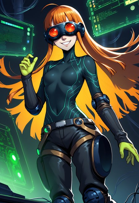 score_9, score_8_up, score_7_up BREAK  1girl, futabaoracle, orange hair, long hair, blunt bangs, ahoge, purple eyes, goggles on head, black bodysuit, green gloves, black pants, belt, knee pads, neon lighting, glowing numbers, cables, glowing eyes, smile, floating body, keyboard, dark background, matrix  <lora:zs_FutabaXL:1>  <lora:add-detail-xl:0.5>