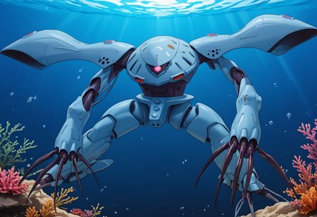 score_9, score_8_up, score_7_up, source_anime, front view, BREAK,  ( hygogg, blue_hygogg_armor, pink monoeye, from side, looking at viewer, long arms, very long arms, long claws) 1mech, blue mech, wide mech, large shoulders, large shoulder armor, mech focus, solo, BREAK, two arms, swimming, underwater, sewers, floating, reaching towards viewer, swimming forwards,