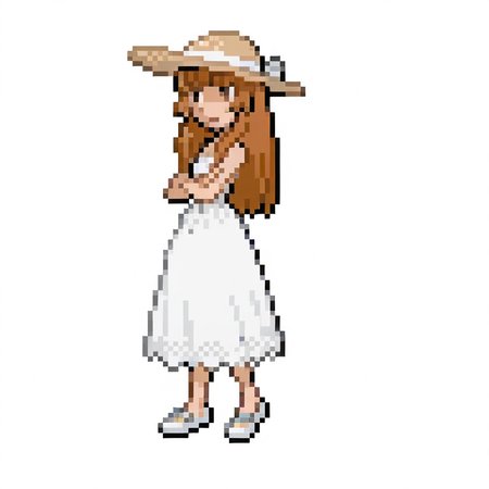1girl, 
orange hair, blunt bangs, hime cut, long hair, brown eyes, sun hat, dress, crossed arms