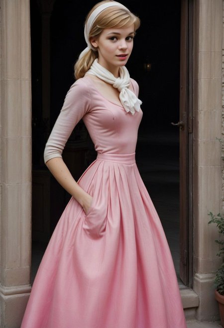 Ultra Realistic, long shot, view from outside,  Cinderella, wearing  everyday-dress, white scarf tied in hair, holding a pink dress in her hands