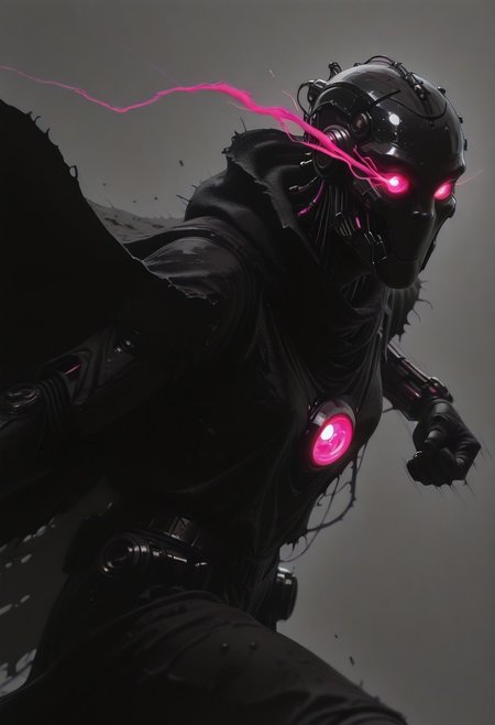 enistyle, head Closeup portait, eerie dark humanoid robot, cloak, glowing eyes, Side view, billowing cape,delivering punch, intricate technical details, fine wires, sci-fi themed, dynamic pose, atmospheric blue-pink sundawn, high quality, newest, best quality, high resolution, orb-head, ethereal, armored, sci-fi, atmospheric, dystopien, grey, gritty, eye-trails, fighting-stance, eye trail, zone-eyes