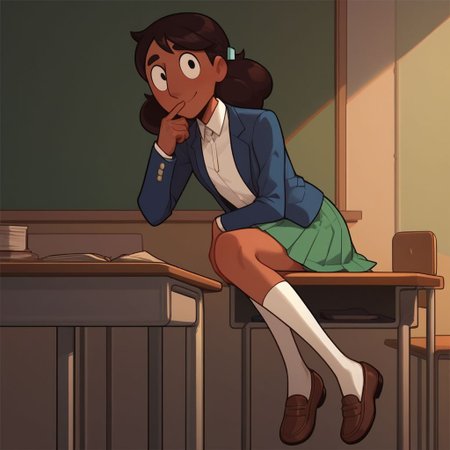 score_9, score_8_up, score_7_up, score_6_up, score_5_up, score_4_up, BREAK, source_anime, connie_maheswaran, indoors, smile, sitting, feet on desk, school uniform, feet up, blue blazer, white shirt, green skirt, white socks, brown shoes finger on chin, sitting at desk, feet on desk