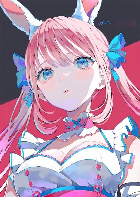 by poire, by yoneyama mai, 
1girl, bunny ears, bangs, cleavage, upper body pink perspective from below, maid anime cute gradient
masterpiece, best quality, high quality, highres, absurdres, very detailed, high resolution, sharp, sharp image, 8k, vivid, colorful, stunning, anime