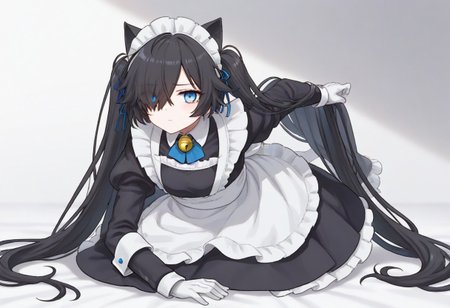 (Maid-kasli), solo, white gloves, dress, hair over one eye, maid apron, blue eyes, twintails, cat ears, maid headdress, maid, gloves, 1girl, apron, juliet sleeves, long sleeves, long hair, black hair, animal ears, bell,(Fall down),