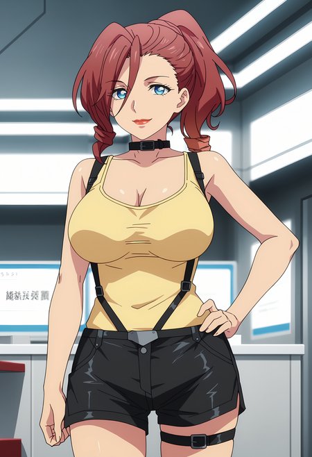 score_7_up, anime screencap,
<lora:ShuumatsuNoHarem_RyuuzoujiAkaneXL:0.9>,
1girl, solo, closed mouth, light smile,
ponytail, drill hair, red hair, asymmetrical bangs, blue eyes, red lips,
AkaneCasual, belt collar, black collar, yellow tank top, cleavage, large breasts, suspender shorts, black shorts, thigh strap,
hand on own hip, standing, looking at viewer,
science fiction, indoors, blurry background