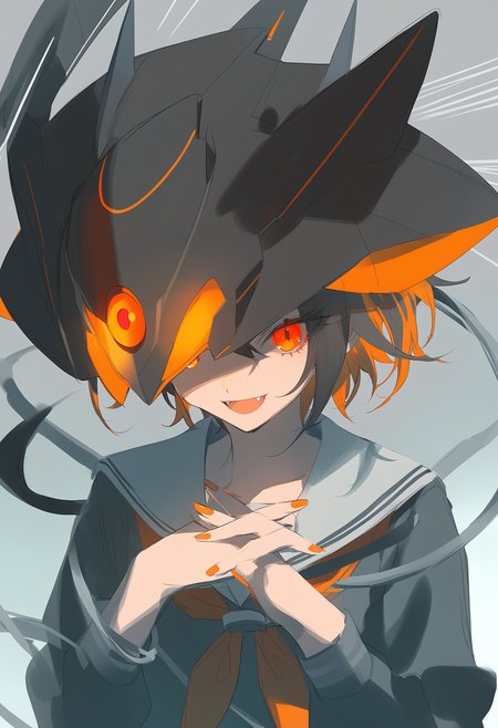1girl,solo,masterpiece,best quality,newest,recent,
BREAK
artist:ä»æ²¢, no humans, solo, red eyes, spikes, emphasis lines, glowing, robot, glowing eyes, mecha, spot color, sketch, weapon, pokemon \(creature\), grey background, glowing eye, cable, holding,1girl, solo, fangs, school uniform, colored inner hair, open mouth, orange theme, black hair, orange nails, orange eyes, looking at viewer, serafuku, smile, neckerchief, upper body, long sleeves, skin fangs, sailor collar, multicolored hair, gradient, bangs, gradient background, orange hair, shirt, own hands together, medium hair, short hair, nail polish, :d, glowing eyes, glowing, two-tone hair,
