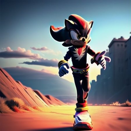 semi realistic 3d fully body illustration of shadow the hedgehog, ((1boy:1.4)), ((solo:1.4)), cowboy shot, running, outdoors, park (insanely detailed, masterpiece, best quality), depth of field, center, facing viewer, detailed landscape, clouds, sun, blue sky