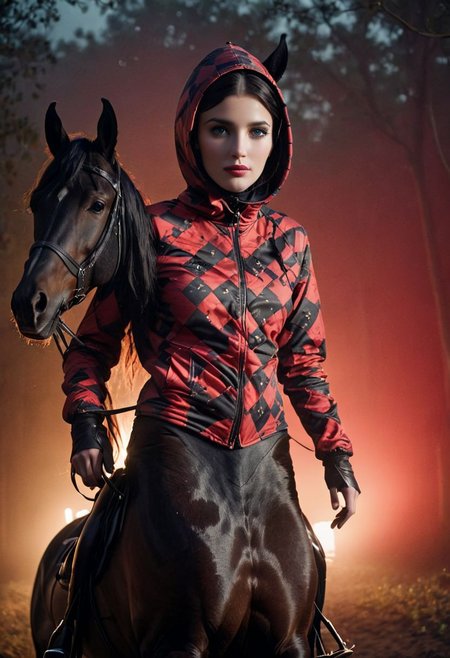 A shrouded Silhouette in darkness of a blushed slightly light smiling riding woman in Argyle/caro printed bodysuit with camo- black Camouflage hooded parka, riding a black glossy horse, a scene with vibrant red and black details, White Makeup, very detailed, atmospheric haze, Film grain, cinematic film still, shallow depth of field, highly detailed, high budget, cinemascope, moody, epic, OverallDetail, 1960s vintage RAW photo, photorealistic, candid camera, color graded cinematic, eye catchlights, atmospheric lighting, imperfections, natural, shallow dof