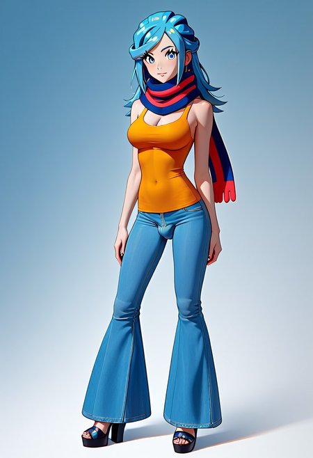 score_9, score_8_up, score_7_up, 1femboy, modern  girl, solo, 19 years old, 
((Blue hair, scarf, Pokemon , grusha)) pokemongrusha, eyelashes
 cute, perfect eyes, erfect eyes,  dramatic lighting, skitting, sexy pose, 
 clear detailed face,  yellow tank top, perfect girl, beautiful, (( big breasts)), ((covered breasts)), ((slim girl)), bare shoulder ,
(( Bulge  )), ((Long legs))
Jeans, pants, ((flared jeans))
((Flared jeans，jeans, Flared pant))
Standing
Wide pants, pants covering shoes,