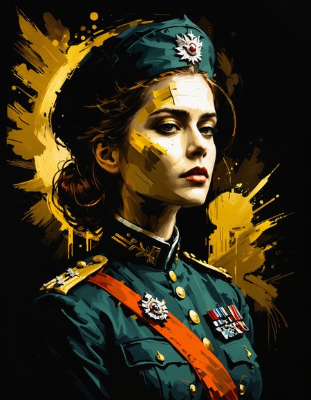 zavy-ngtvpnt, negative space, minimalism, painting, 1900'S Female Lieutenant Colonel, Very wide view, Golden ratio, lots of details, painterly, enchanted, cinematic atmosphere, highly color focused, cinematic light, magnificent, cinematic perfect intricate stunning fine detail, confident, illustrious, aesthetic, lush, professional creative