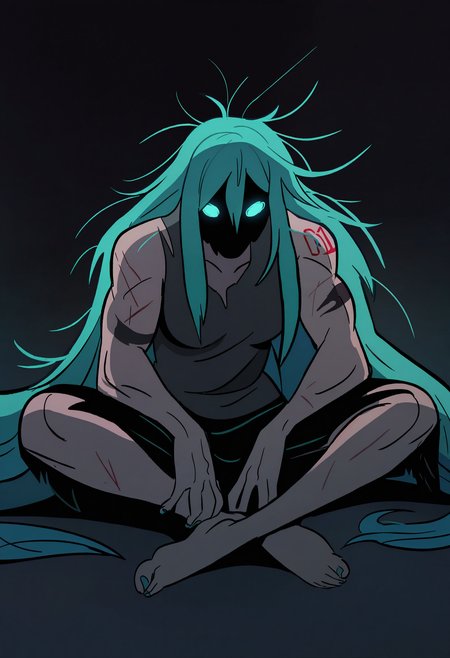 1girl, solo, hatsune miku, muscular female, sleeveless, torn clothes, glowing eyes, dark background, shadow, night, sitting, messy hair, 
masterpiece, best quality, <lora:primal-guy90-Illust-Lycorisv1:1> lamirp