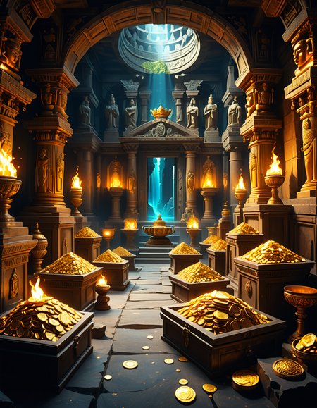 score_9, score_8_up, score_7_up,amazing quality, ultra realistic, 3D, HD, best quality, amazing quality, very aesthetic, absurdres
A hidden treasure chamber deep within an ancient temple, illuminated by the warm golden glow of torches and mystical blue light from enchanted crystals. The room is filled with piles of gold coins, jewel-encrusted goblets, and ancient artifacts covered in dust. Massive stone statues of forgotten deities guard the chamber, their eyes glowing faintly as if watching intruders. In the center, a grand pedestal holds a legendary artifactâan ornate golden crown encrusted with emeralds and sapphires, shimmering with an otherworldly aura. The walls are adorned with intricate carvings depicting lost civilizations, and creeping vines hint at centuries of abandonment. The atmosphere is mystical and slightly eerie, with a sense of both wonder and danger. The air is thick with the scent of aged parchment and burning incense, adding to the chamberâs ancient and mysterious feel. Cinematic lighting with dramatic shadows enhances the depth and richness of the scene, creating a visually stunning and immersive environment.
<lora:SDXLFaeTastic2400:0.4> <lora:extremely_detailed:0.4> extremely detailed,treasure ch4mb3r, <lora:treasure_ch4mb3r-p:1>