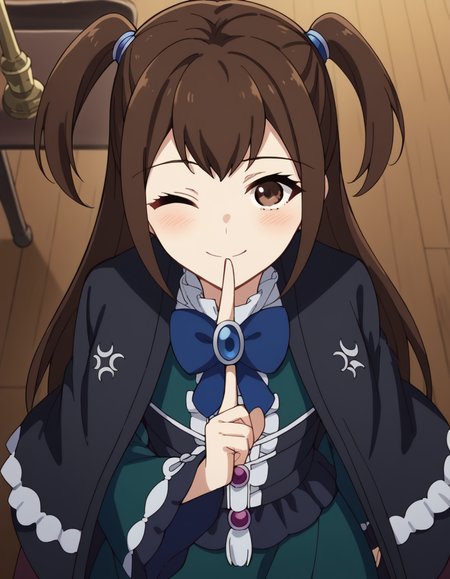 score_9, score_8_up, score_7_up, source_anime, <lora:kizuna-kazayama-s2-ponyxl-lora-nochekaiser:1>, kizuna kazayama, long hair, brown hair, brown eyes, two side up,, long sleeves, dress, bow, frills, wide sleeves, bowtie, cape, blue bow, brooch, green dress, black cape,, staff room, table, chairs, coffee machine, relaxation, smile, <lora:shushing-ponyxl-lora-nochekaiser:1>, shushing, finger to mouth, index finger raised, from above, library, smile, blush, one eye closed, dutch angle,, looking at viewer, solo,, dutch angle, cowboy shot