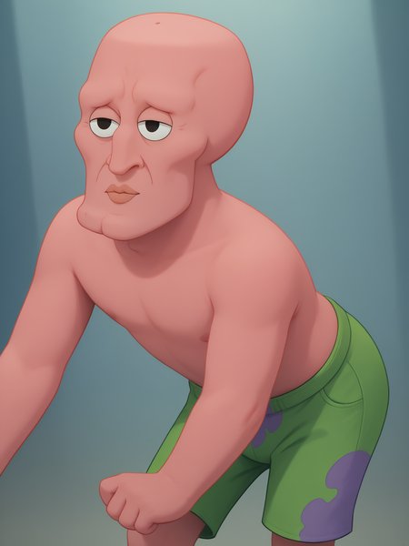 <lora:Patrick StarXL:1> <lora:handsomize_x_pdxl_v1:1> 1boy, solo, male, pink skin, green pants, starfish, portrait, green shorts, handsomize, underwater, shirtless, rock house in background BREAK score_9, score_8_up, score_7_up, score_6_up, score_5_up, score_4_up