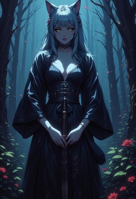 score_9, score_8_up, score_7_up, score_6_up, score_5_up, score_4_up, score_9, score_8_up, score_7_up, (best quality, masterpiece, highest detailed), fashion photography of cute (wolf girl), (large breasts, slim waist, large hips), (((young))), (yellow eyes), (grey hairs, long hairs), ((grey wolf ears, grey wolf tail)), in high detailed textured (((black kimono:1.5))), ((wearing a katana at her waist)) (ultra-detailed body), ((take place in dark and dense forest:1.3)), moonlight passing through canopy, (intricate details), (dynamic angle), (((full lips))), (((suggestive pose))), pale skin, g0thicPXL, glowing, neon, Expressiveh, serious looking,