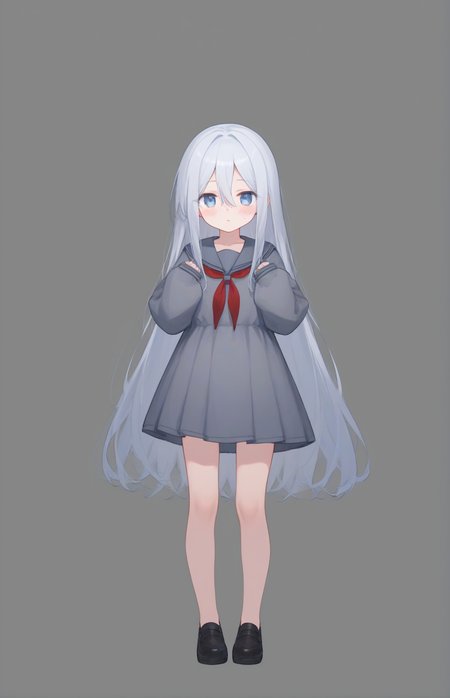 score_9,score_8_up,score_7_up,1girl,light_blush,full body,
<lora:Kanade_Pony:1>,
yoisaki_kanade,very long hair,blue eyes,white hair,small breasts,hair between eyes,collarbone,sidelocks,
grey dress,pleated dress,two-tone neckerchief,red neckerchief,black footwear,long sleeves,sleeves past fingers,sleeves past wrists,
simple background,hands up,standing,