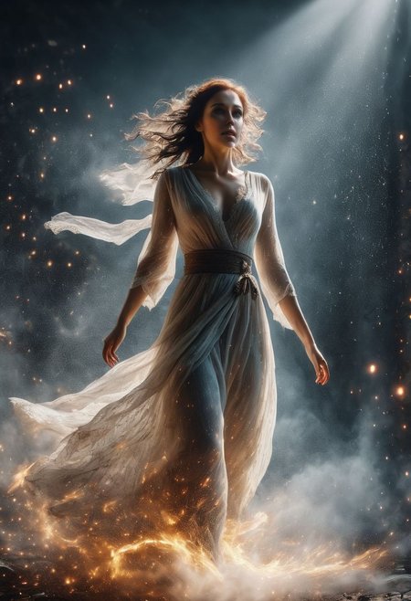 A full body character of a woman, dynamic motion blur, lens flares,more dramatic lighting, deeper and more contrasted shadows, color grading, high detail, 4k resolution, ultra HDR, and ghostly beauty. The image should reflect intricate details, raw photo quality, and a windy atmosphere.
