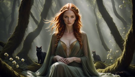 cinematic still (style of Tim Walker) , heroic pose, (pr3tty_h4lluc1nat10ns:1.4), Dark Fantasy Pulp Pinup sexy feminine allure, large bosom, <lora:Dark_Fantasy_Pulp_Pinup_Ill:0.6>  <lora:NordicByNatureILL:0.6> <lora:NBN-Freyja_NordicByNature:0.6> nbn-freyja cleavage Rikki_Wilson (dynamic pose, style of [Cathleen McAllister|Ilya Kuvshinov|Loish|Daniela Uhlig|Ross Tran]:0.5), full length photo of woman, (chiaroscuro depth) (stunning intimate moody), subsurface scattering, dynamic pose, (special effects, color grading, fantasy aura:1.4), (mythical cinematic establishing shot of gorgeous woman, highly detailed background:1.2) ,(panty peek:0.8), volumetric lighting, detailed background,  style of Alessio Albi, Intimate Portraiture, Natural Light Mastery, Subtle Emotions, Earthy Tones, Emotional Depth, freyja seated in mossy glade, auburn hair braided with golden threads and wildflowers, feathered cloak draped over soft green robes, cat curling at her feet, serene expression, morning mist in forest backdrop, soft sunlight through trees