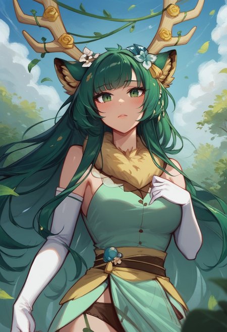 score_9, score_8_up, score_7_up, score_6_up, score_5_up, score_4_up, masterpiece, perfect face, perfect eyes, harukadef, moose ears, green hair, animal ear fluff, reindeer antlers, green dress, fur trim, flower, white gloves, elbow gloves, collarbone, blush, solo, posing, stand, low angle, This image features a character with an ethereal appearance, adorned in a unique, nature-inspired outfit. The character has long, flowing hair that is a light shade, complemented by decorative, feather-like elements that resemble leaves or petals. A single pink flower is placed against the character’s face, adding a touch of color and softness to the overall look. 
The outfit is form-fitting, showcasing a blend of armor and organic motifs, with sharp, leaf-like designs extending from the shoulders and bust. The color palette is predominantly cool, with shades of green and hints of brown, contributing to a serene, mystical vibe. The character’s expression is confident and alluring, capturing a sense of strength and beauty..