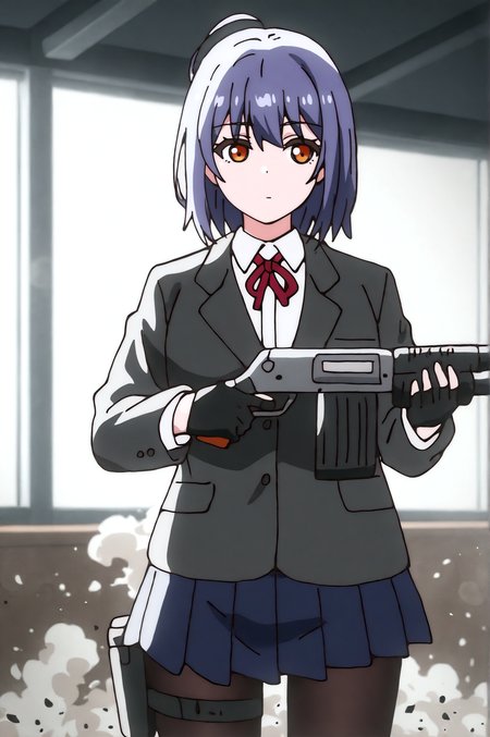 masterpiece, best quality, dark grey background, indoors, cinematic lighting, lens flare, flying debris, dust, smoke, amazing quality, very aesthetic, absurdres, best quality, newest, year 2023,  Suzu, school Outfit, solo, expressionless, aiming tactical shotgun, thigh gun holster, full body, pantyhose, cowboy shot,  <lora:JN_Suzu_Illus:0.8>