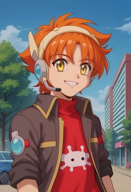 score_9, score_7_up, source_anime, 
kanipa, 1boy, male focus, solo, yellow eyes, orange hair, short hair, headset, sweater, red sweater, turtleneck, jacket, collared jacket, brown jacket, long sleeves, sleeves rolled up,  upper body, smile, grin,
outdoor, sky, tree, building,