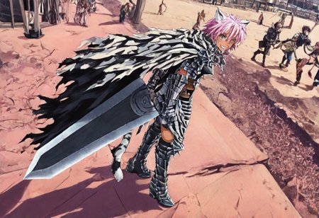 masterpiece, very aesthetic, anime screenshot, 1girl, Pink_PonyXL, DragonSlayerSword-Il.V1.0, white tiger striped armor, white tiger striped shoulder armor, gauntlets, greaves, bandaged arm, white tiger striped cape, torn cape, bright pink hair, cat ears, scar on nose, cat bell around neck, tanned, white tiger tail, small breasts, femine body, smiling, making a cute cat face, single fanged tooth showing, standing, looking at viewer, side view, wielding-dragonslayer, huge weapon, sword, holding sword, holding weapon, full body, zoomed in on pink_ponyxl, Dutch angle, cowboy shot 
Break
City square, bright and sunny, happy adoring crowd,