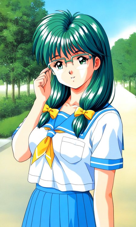 general,highres, ultra-detailed,very aesthetic,best quality ,best hands, BREAK <lora:Kisaragi_Mio_Tokimeki_Memorial_Ver2.0_IS:1>semi-rimless eyewear,
Kisaragi_Mio(Tokimeki_Memorial), 1girl, solo, green hair, twintail, long hair, green eyes, hair over shoulder, Yellow bow, hair bow, low-tied long hair, medium breasts, 
blue school uniform, serafuku, jewelry, yellow bow, Yellow bow, blue skirt, blue sailor collar, pleated skirt, short sleeves, 
outdoor, tree, sky,