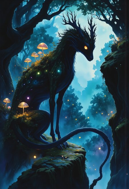 In the heart of an ancient, mystical forest, bathed in the eerie glow of a moon concealed behind thick, swirling clouds, stands a fantastical dragon, its form more akin to an ethereal hound than a fearsome beast. The creature’s body is cloaked in a rich, dark moss that appears almost black in the dim light, with hints of deep turquoise and violet veins coursing through the surface, shimmering with hidden magic. Soft, iridescent mushrooms, glowing faintly in deep purple and emerald hues, sprout from its back, casting flickers of light that dance across the shadows of the forest floor.
The moss-covered dragon stands tall, its sturdy form grounded in the damp earth, with a long, curling tail that shifts with the whispering breeze. Its eyes gleam with a gentle, mischievous joy, reflecting the light of distant, haunting fireflies. The creature looks directly at the viewer, a soft smile in its expression, exuding a playful warmth despite its dark, mysterious surroundings.
The forest around it is a labyrinth of twisted, ancient trees wrapped in dark, velvety moss, their branches reaching toward the sky like shadowed fingers. Hints of deep turquoise and dark purple swirl in the air, blending into the atmosphere, as though the entire realm is bathed in a palette of deep, enchanted twilight.  dfmstyle, lndscpx, Studio Ghibli Dark Fairytale