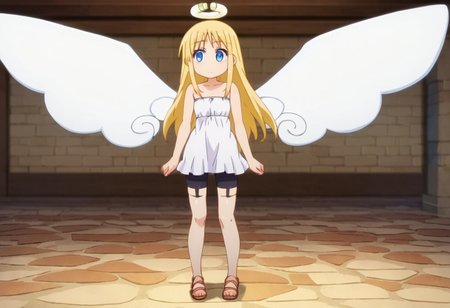 crimvael \(interspecies reviewers\),, blue eyes,blonde hair,long hair,angel,halo,wings,white dress,strapless,bare shoulders,bike shorts,sandals , thighhighs, indoors , standing ,  score_9, score_8_up, score_7_up, ,source_anime, best quality, masterpiece,   , full body view ,   garter straps, collarbone ,  1girl , solo , girl focus ,