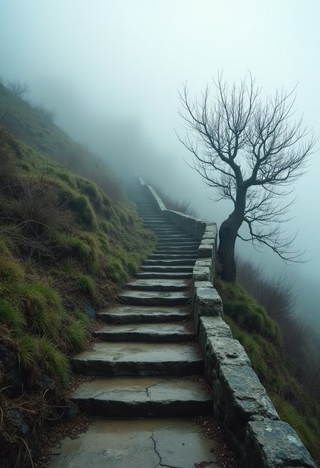 An ancient stone staircase winding up a hill, shrouded in mist, with a gnarled, leafless tree next to it.