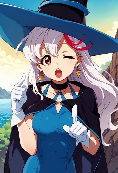 score_9,score_8_up,score_7_up, aikawa_akane, 1girl, solo, long hair, streaked hair, multicolored hair, white hair, red hair, brown eyes,  akane_witch, witch hat, hat, blue dress, choker, cape, jewelry, earrings, gloves, pantyhose, front view, upper body, breasts, cliff, day, water,  look up, open mouth, one eye closed, wink, pointing finger up,