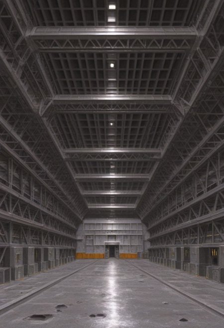 best quality, masterpiece, 
no humans, 
building, warehouse, industrial, metal, science fiction, 
concrete,