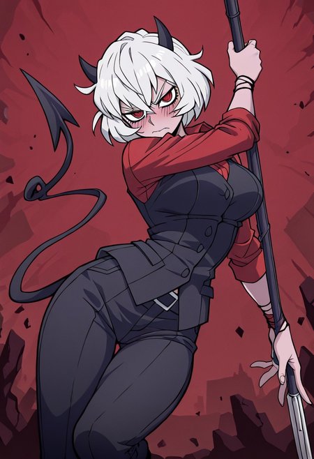 masterpiece, best quality, newest, absurdres, highres, anime, anime style, DPDV1.0, dynamic pose, polearm, holding polearm, holding weapon, weapon, 
1girl, malina (helltaker), demon girl, short hair, white hair, horns, demon tail,
spear, holding spear,