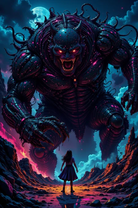 a girl escaping from a monster, dusk, woman, very intricate, very detailed, sharp, bright, colorful, <lora:Hand v2:0.5> <lora:Anti-Blur:1><lora:Insane Detail Slider:0.25>  <lora:flux.1_lora_flyway_Epic-detail_v2:0.3> <lora:fluxenhancer:0.25><lora:ck-Neon-Retrowave:0.4> ck-rw, in the style of ck-rw,  <lora:Neurocore Anime Cyberpunk:0.8> A digital artwork in the style of cknc