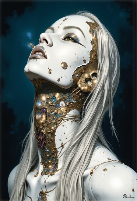 impressionist classical-style painting of a highly detailed, fantasy scene with a dramatic, robotic aesthetic. The central figure is a female robot. Her head and body are made of white, shiny and smooth metal with multi-colored, exposed wiring going down her neck creating an organic mosaic pattern. She is a biomechanical robot and there are wires jacked into her face. Her eyes are an intense silver color with light silver eyeshadow, and her lips are a rich, deep silver color. There is a missing panel on her cheek. A spot light focuses on her from above. Her hair is stark, metallic white strands that falls around the lower half of the image. She is blending in with the background. She is facing you and looking up into the sky intensely. The overall impression is one of dramatic beauty, with an almost otherworldly quality.  (((ultra-realistic style))), realistic soft lighting, dark, eye-catching, atmospheric lighting, natural, shallow depth of field, (highlights: 0.8), high detail (dynamic, cinematic shot, film grain, bokeh, depth of field,