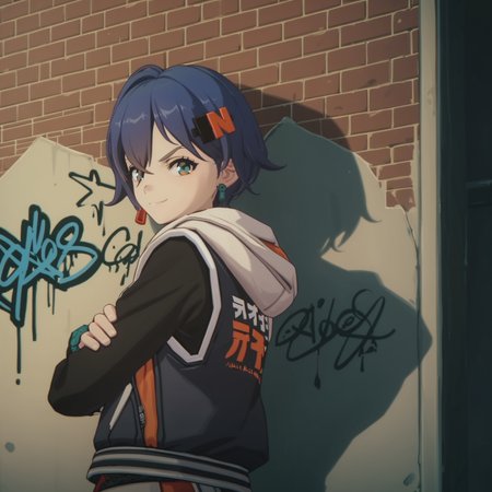 score_9,  score_8_up, score_7_up, <lora:belle.pony:1> 1girl, solo, belle,smirk, graffiti, aerosol, crossed arms, wall, alley, looking back