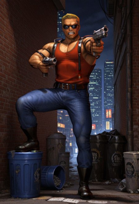 best quality, masterpiece, 
1boy, solo, male focus, 
full body, 
dukenukem, 
muscular male, 
blonde hair, very short hair, 
red tank top, denim pants, boots, belt, 
sunglasses, 
looking at viewer, scowl, clenched teeth, 
holding weapon, holding gun, handgun, aiming, 
outdoors, cityscape, street, brick, trash can