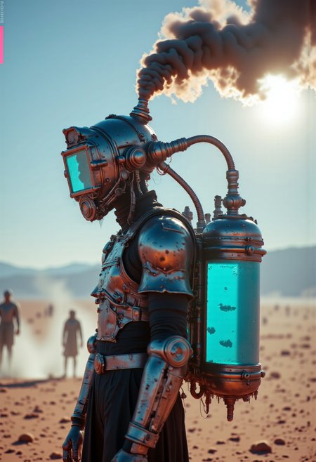 A cpstyle neon-mist Closeup Portrait dmpfm07 — Steam-powered steampunk boiler helmet with a translucent glass visor, worn and rugged, featuring vintage mechanical gauges, technical hoses, and armored plating. The intricate small engine emits black steam, with ornate, complex machinery giving it a mechanical and industrial aesthetic. A translucent blue water tank is mounted on the subject’s back, filled with swirling liquid that glows faintly, with visible bubbles rising inside. The shoulder armor is highly detailed, featuring small chimneys releasing puffs of steam, tiny steam-driven wheels, and miniature boilers with working pistons and gears. The entire design has an elaborate, old-world engineering charm. Sunlit desert backdrop, swirling smoke and dust. The scene is made of expanding pixels, glitching effects, and voxel-style 3D game art, enhanced by reinforced, billowing neon-mist white dust. The monochromatic palette is accented with neon blue highlights, creating a striking contrast against the industrial, steam-driven aesthetic.