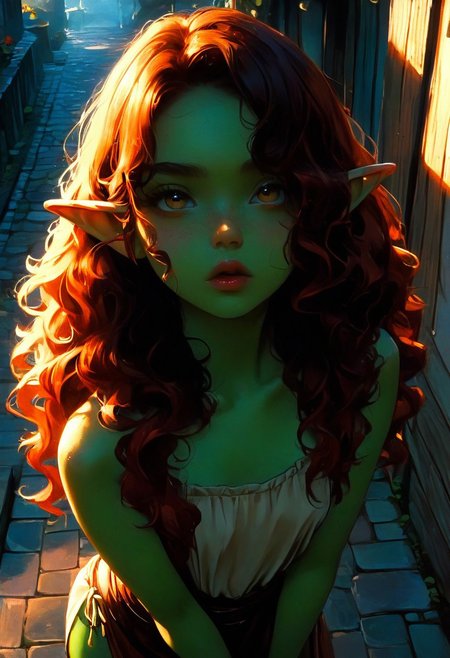 score_9, score_8_up, score_7_up, 1girl, goblin, short, dark green skin,  solo female focus, large pointed ears. skinny, wild red hair, long hair, loose curly hair, green skin, freckles, Freckled ass, beautiful yellow eyes, small breasts, brown loin cloth, cloth chest wrap. Pouting lips. Blushing, cute pout, expression. Holding up wooden sign, "buzz". Looking up at viewer. View from above.  
Medieval town street. Bright sunny day