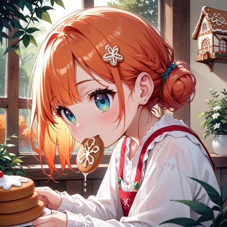score_9, score_8_up, score_7_up, source_anime, 2girls,(ultra HD quality details), anime, slightly chibi, one girl is looking outside of the window of a gingerbread house, gingerbread house, has a surprised expression, the other girl is biting into the gingerbread house, biting gingerbread, (detailed image, high resolution, 5k resolution:1.0), Expressiveh, warm lighting, forest, autumn, closeup