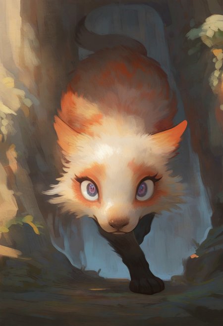 masterpiece, best quality, very aesthetic, high resolution, ultra-detailed, absurdres, newest, extremely detailed eyes, beautiful, perfect lighting, hi res, amazing quality, very awa, Brightly Lit, Highly Visible, 8k, sharp focus, beautiful, perfect lighting, volumetric lighting, scenery, painting_(artwork), KTNK_ST, CTSTL, fantasy, friendly magnificent mysterious creature hiding in the bushes, , painting, digital painting, concept art, distant portrait, dark fantasy, female furry