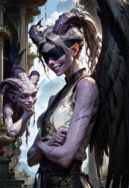 (absurdres, best quality, masterpiece:1.4), 
score_9, score_8_up, score_7_up, score_6_up, 
detailed, 
detailed body, 
detailed face, 
(((smooth skin, unbroken skin, detailed skin))), 
fantasy, 
alone, 

female, 
tiefling, 
h0rns, 
ram horns, 
black horns, 
tall, 
((((purple skin)))), 
((long grey hair, ponytail)), 
(((wingsd, black wings))),

crossed arms, arms across stomach, 
soft smile,

(white robe, sleeveless, 
blindfold, black cloth blindfold), 

depth of field, 
outdoors, 
mountain temple, 
upper body