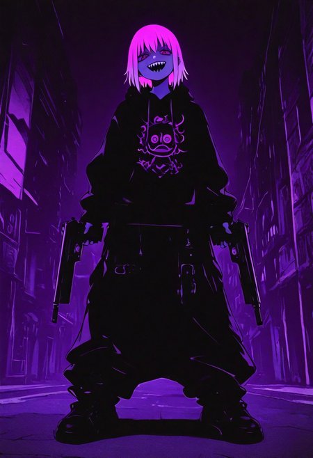 in the style of gorillaz mix soul eater anime, full design, full body standing character, a badass kid with a sharp teeth, hold a gun, hiphop urban style, baggy black hoodie, baggy pants, y2k style, high contrast vibrant colour, 
, xxx667_illu, melanch0ly, <lora:illustriousXL_stabilizer_v1.23:0.3> <lora:NOOB_vp1_detailer_by_volnovik_v1:0.3> <lora:ponyv6_noobE11_2_adamW-000017:0.3> <lora:XXX667:0.7> <lora:MelancholyAnime:0.8>