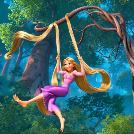 Rapunzel, original style, 3d disney anime, she swings on her long hair, hair hanging on a branch, forest background, absurdly long hair, hair as swing
