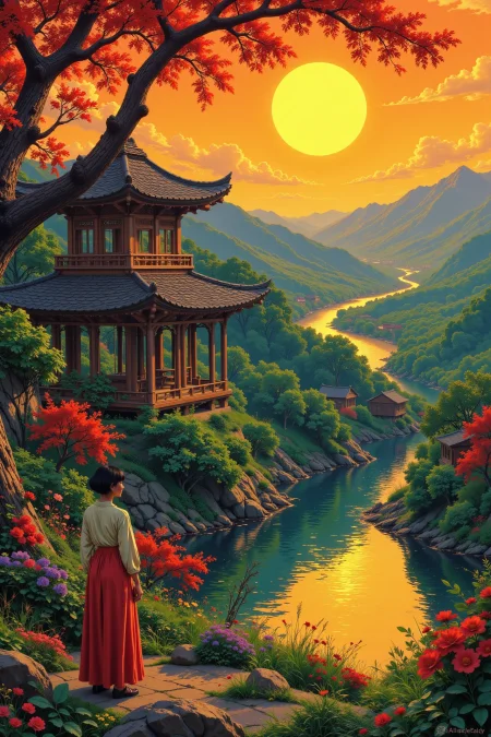 an oriental villaje beautiful  landscape, golden hour, woman, very intricate, very detailed, sharp, bright, colorful, <lora:Hand v2:0.5> <lora:Anti-Blur:1><lora:Insane Detail Slider:0.25>  <lora:flux.1_lora_flyway_Epic-detail_v2:0.3> <lora:fluxenhancer:0.25> <lora:Anime_style:0.7> anime style