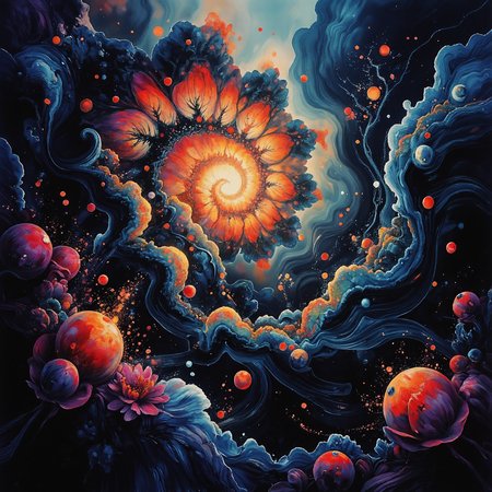A fractalex digital painting in a 
baroque style a compelling use of (snellâs law) how light travels through the lenses of spheres creating a gateway to other dimensions through a spectrum of fractal separation into multidimensional gateways with views of spiral galaxy, before entering a newdimension. precise fractal design, flowing curves, precision, colorful fractal geometry, harmonic interference, dismrt style, realism, detailed digital illustration, photo manipulation, altered realities, digital artistry, striking visuals, chiroscuro lighting, masterpiece, best quality, highres, high detail, sharp focus, detailed background, light reflection, photo-realistic,  <lora:Midjourney_Whisper_Chromaplex_Velvet_Myst_v01:0.8> <lora:P-Mystic-Fusion_v10:0.8375000000000001> <lora:flux.1_lora_surreal-tones_v1:0> <lora:RealisticDigitalPainting-flux:0.6> <lora:skin_texture_style_v5-flux:0.8> <lora:fractalex:0.5441650390625> <lora:-_Flux1_-_vanta_black_V2.0:1>