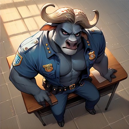 score_9, score_8_up, score_7_up, detailed background, full body <lora:Bogo:0.9> bogo, buffalo, 1boy, solo, police uniform, sitting on desk, high angle, open clothes